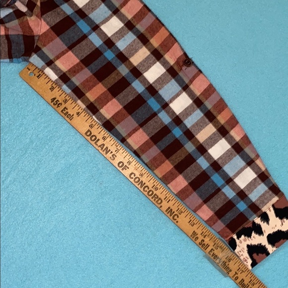 ASVIVID Plaid Tunic button up roll tab long sleeves leopard print accents size L - Picture 10 of 11